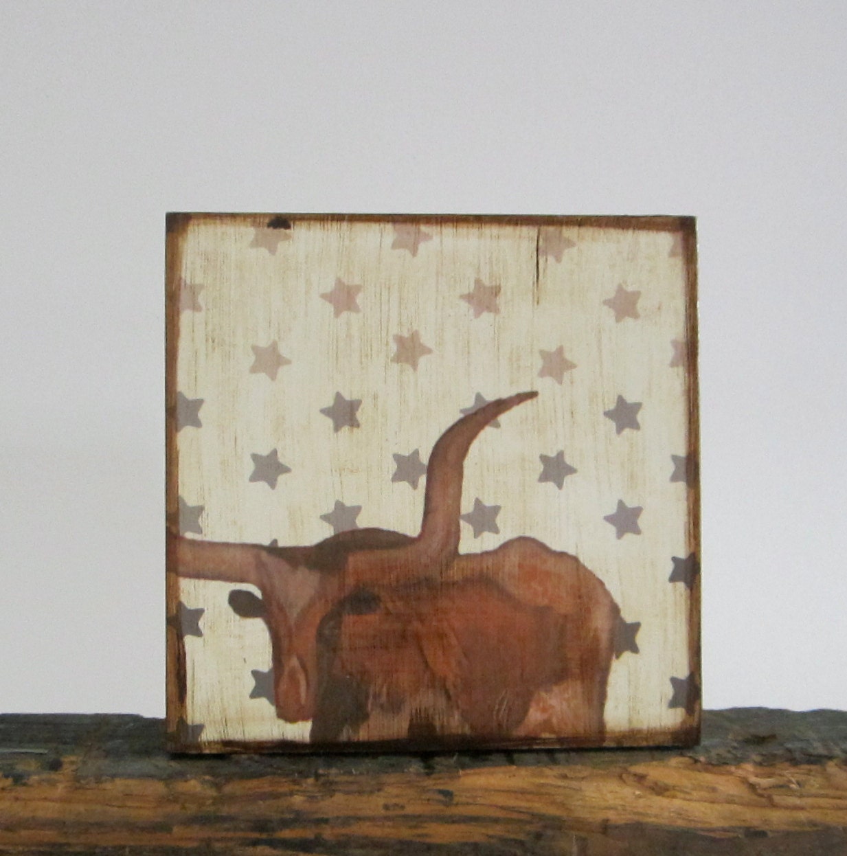 Rustic Art Block l Texas Longhorn Stars Gray l 5x5 wood block  forest woodland geometric gray redtilestudio