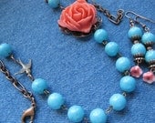 Turquoise, Coral Flower and Copper Necklace with Matching Earrings