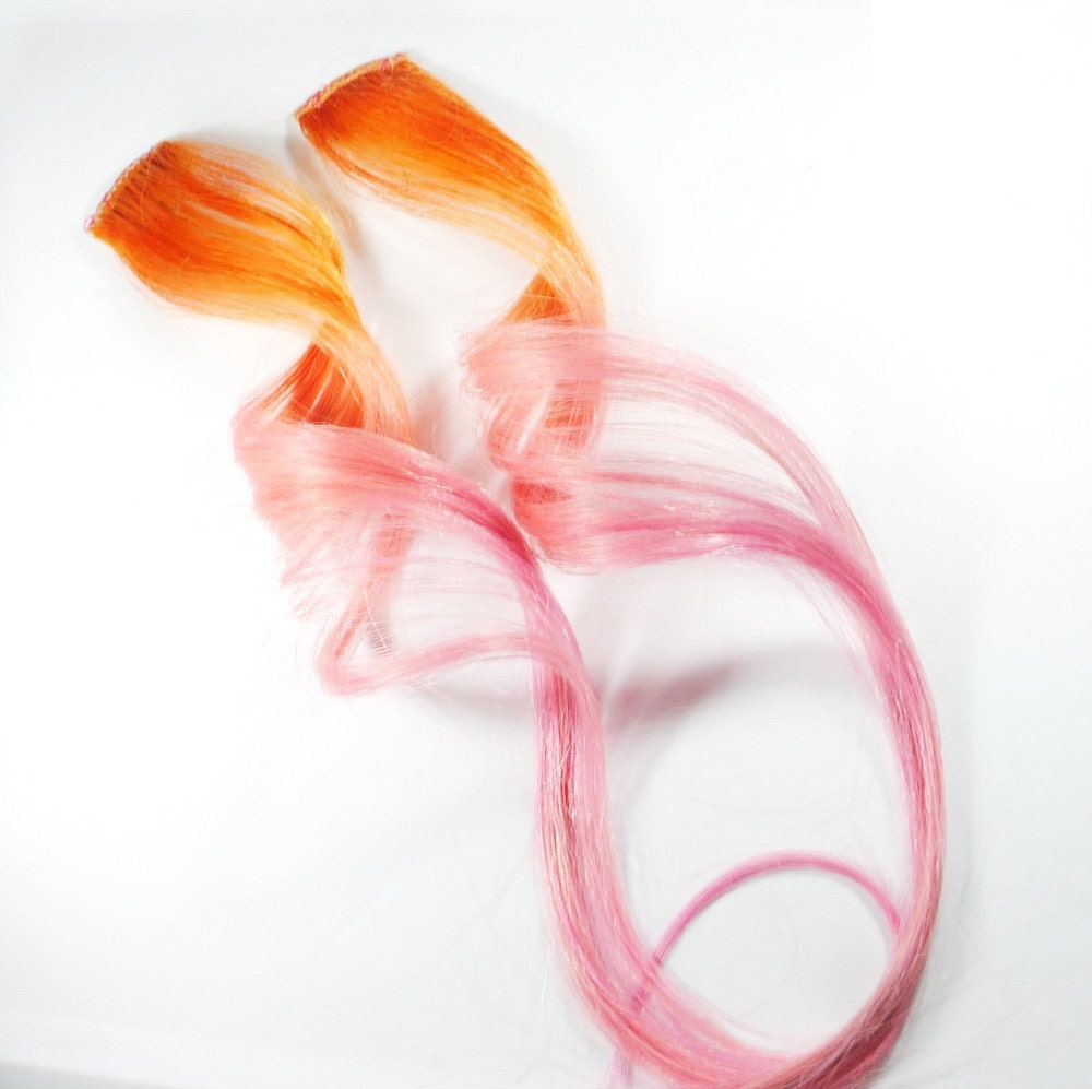 Tangy Tangerine Peach // Human Hair Extension / Orange Pink  / Long Tie Dye Colored Hair