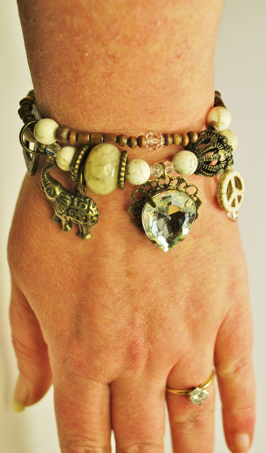 Two Strand Bohemian Charm Bracelet  with Lucky Elephant, Large Faux Diamond and Peace Symbol FREE US Shipping