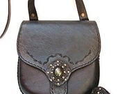 SALE Boho Tooled Leather Molded Large Bag with Crossbody Strap Black Leather Labradorite Stone
