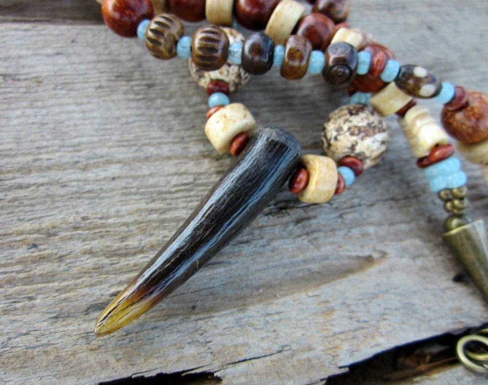 Rustic Beaded Antler Tip Necklace - Antelope Antler Horn Pendant - Tribal Primitive Native Chunky Necklace - Organic Nature Necklace