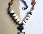 Boho necklace, white, purple, peanut, lampwork bead, Czech glass, resin, handmade pendant, Joy necklace by Esfera Jewelry