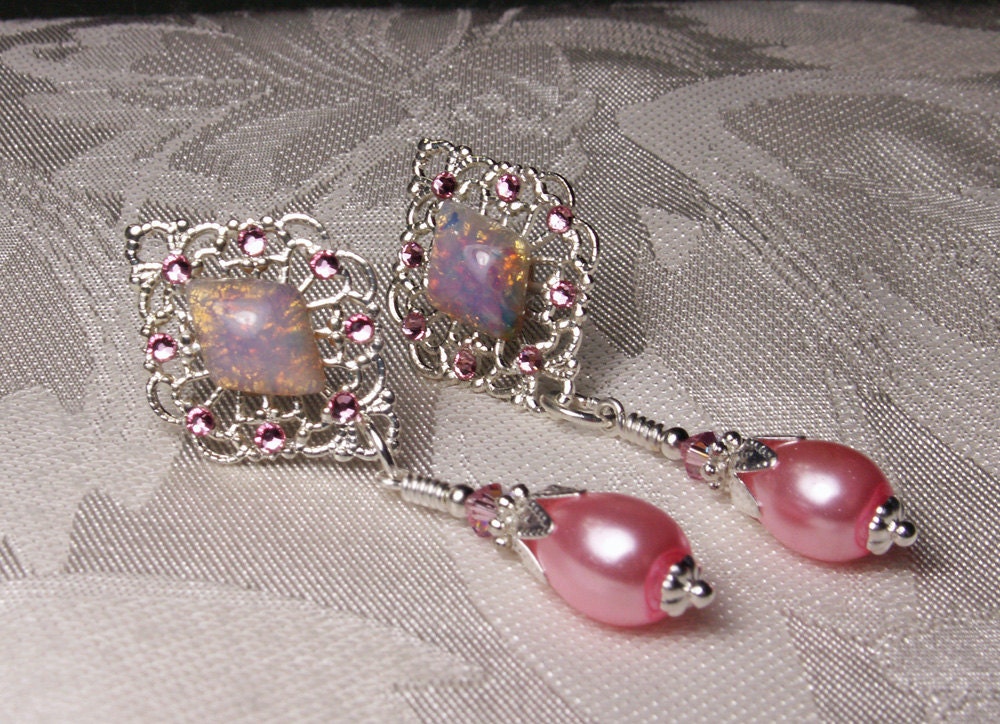 Pink Opal Crystal Pearl Drop Silver Earrings Steampunk Jewelry Antique Vintage Victorian Bridal Style