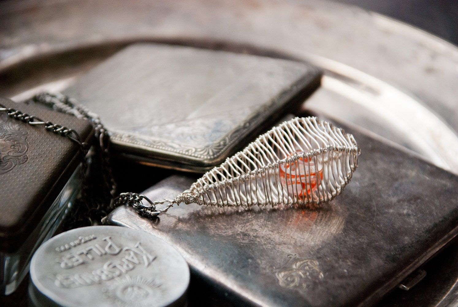 Necklace Pendant Drop Cage in Warm Silver and Coral