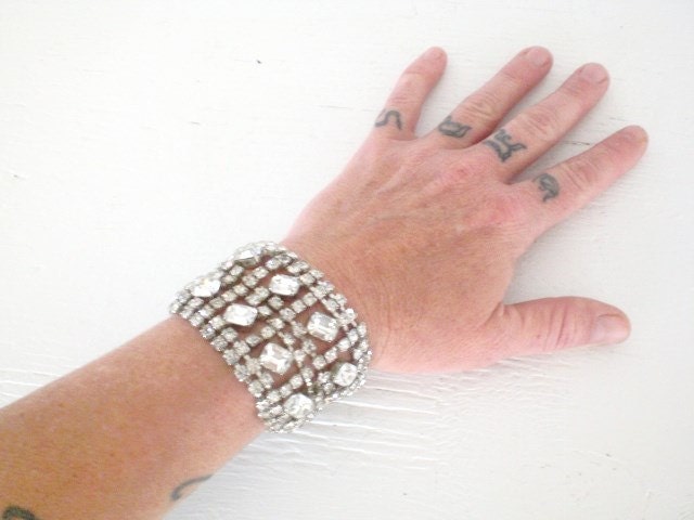 Wide Rhinestone Bracelet Clear Round Emerald Cut 10 Rows