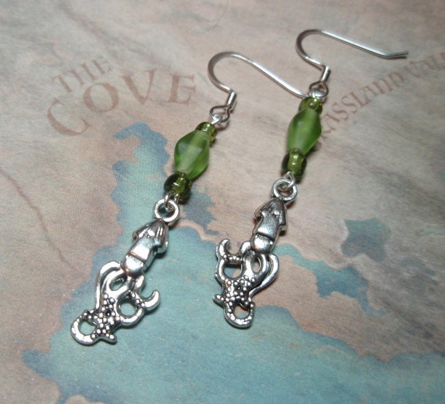 Lime Green Squid Earrings - Ceramic Beaded Squid Charms
