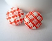 Button Earrings, Plaid Button Earrings, Fabric Covered Button Earrings, Orange Earrings