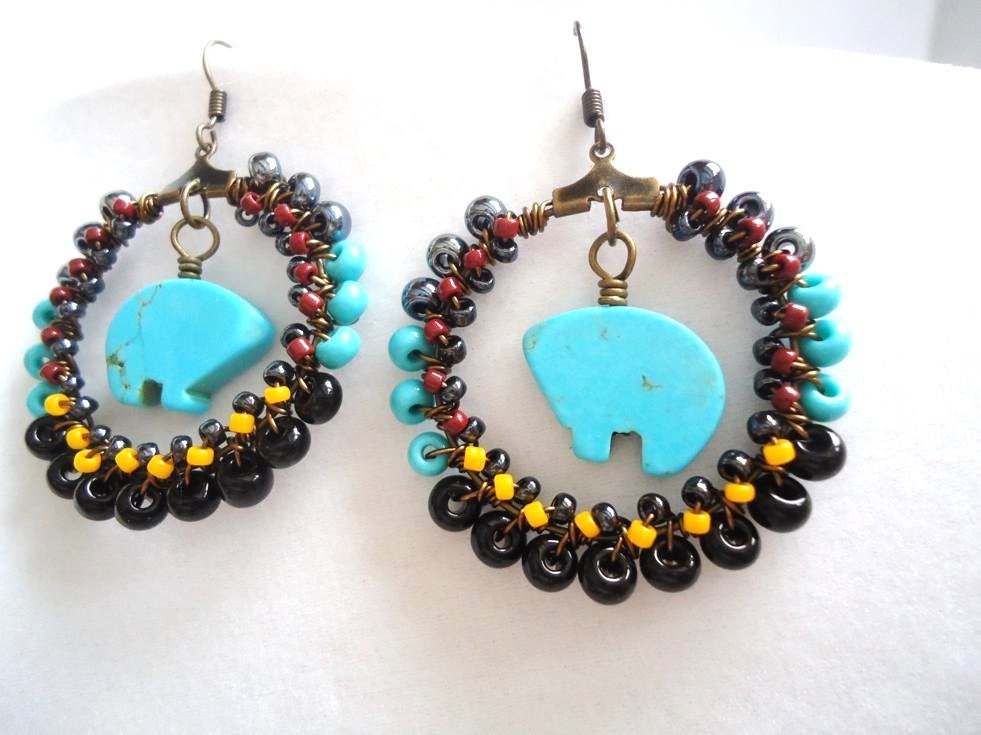Tribal Earrings, Zuni Bear Earrings, Beaded Hoops, Bohemian Earrings, Wire Wrapped Earrings, Southwestern