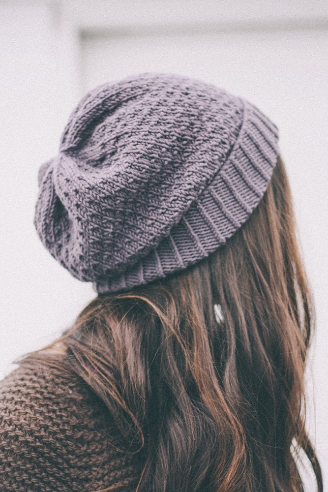 silje organic wool and cotton slouch knit  winter hat - peony purple