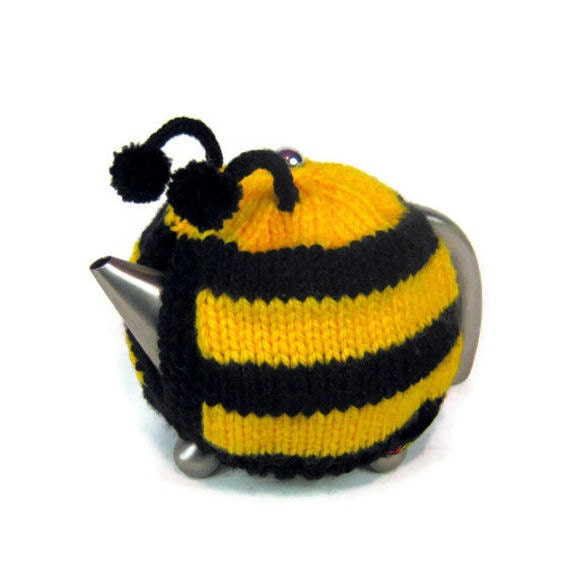 Bee tea cosy knitted novelty tea cozy Spring teapot cosie knitted in bright yellow and black with pom poms