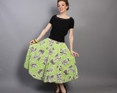 1950s Hawaiian CIRCLE SKIRT / Lime GREEN Novelty Print Cotton, m