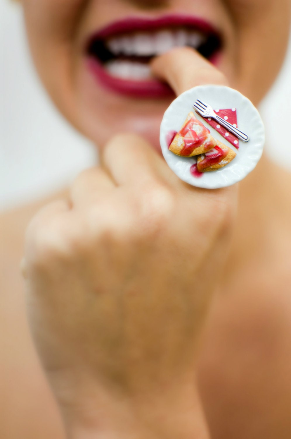 Food Ring - Cocktail Ring: Miniature Strawberry Jam Crepes and Red Polka Dots Napkin - Polymer Clay Food