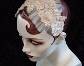 Olivia-Bridal Headband, Ivory And Champagne Headpiece, Bridal Fascinator, Vintage Lace Bridal Head Piece, Beaded Lace Headpiece