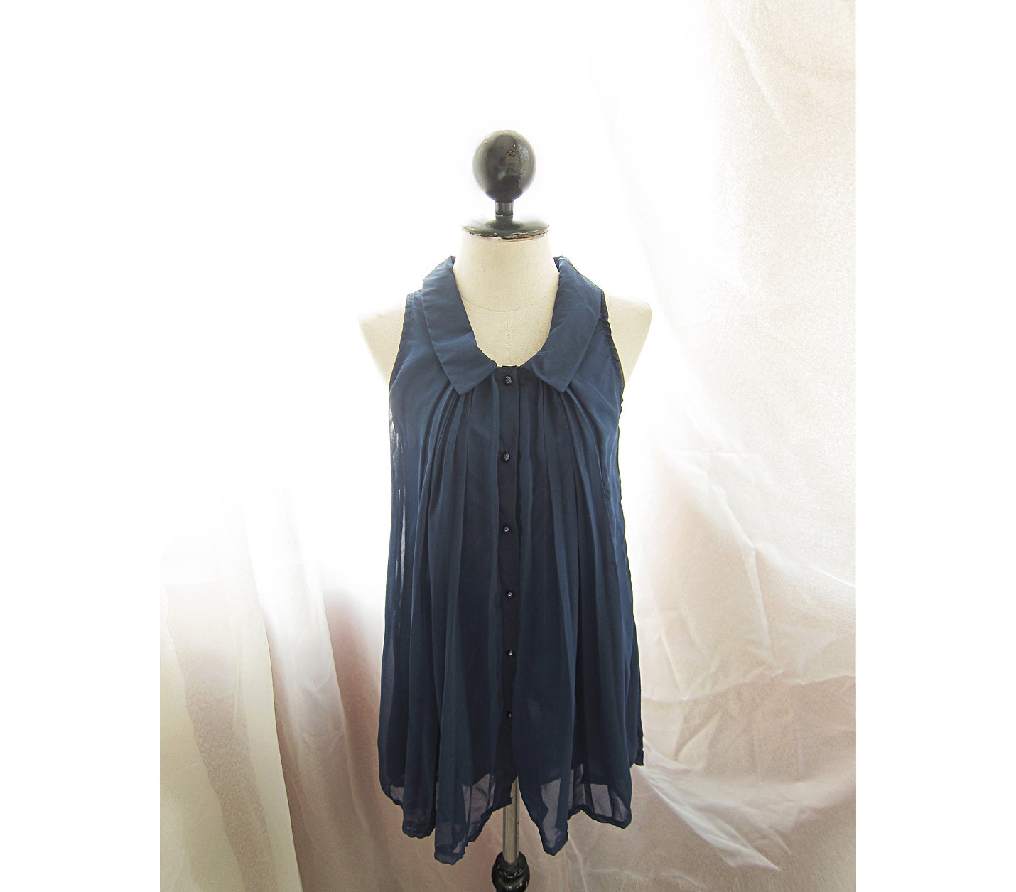Mad Men Classy Freedom Navy Blue Scandinavia 1950s Era Vintage Inspired Sophisticated Mademoiselle Flair Flowy Dress y Chiffon Tunic Top