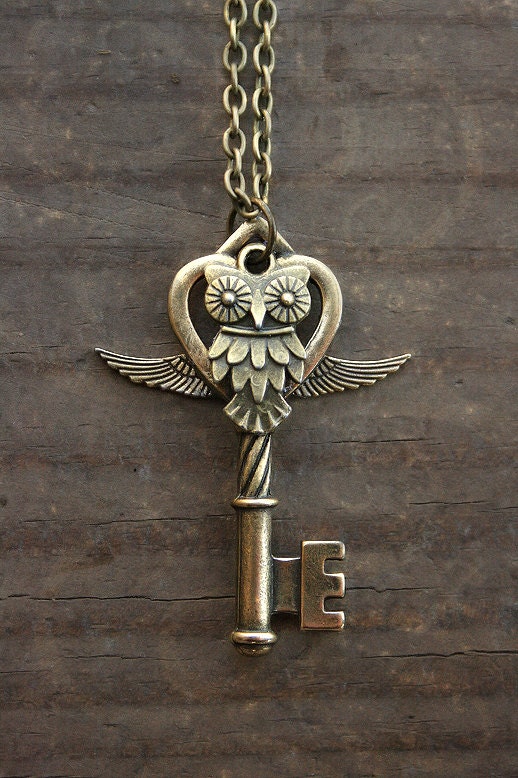 Winged Owl Key Charm Necklace