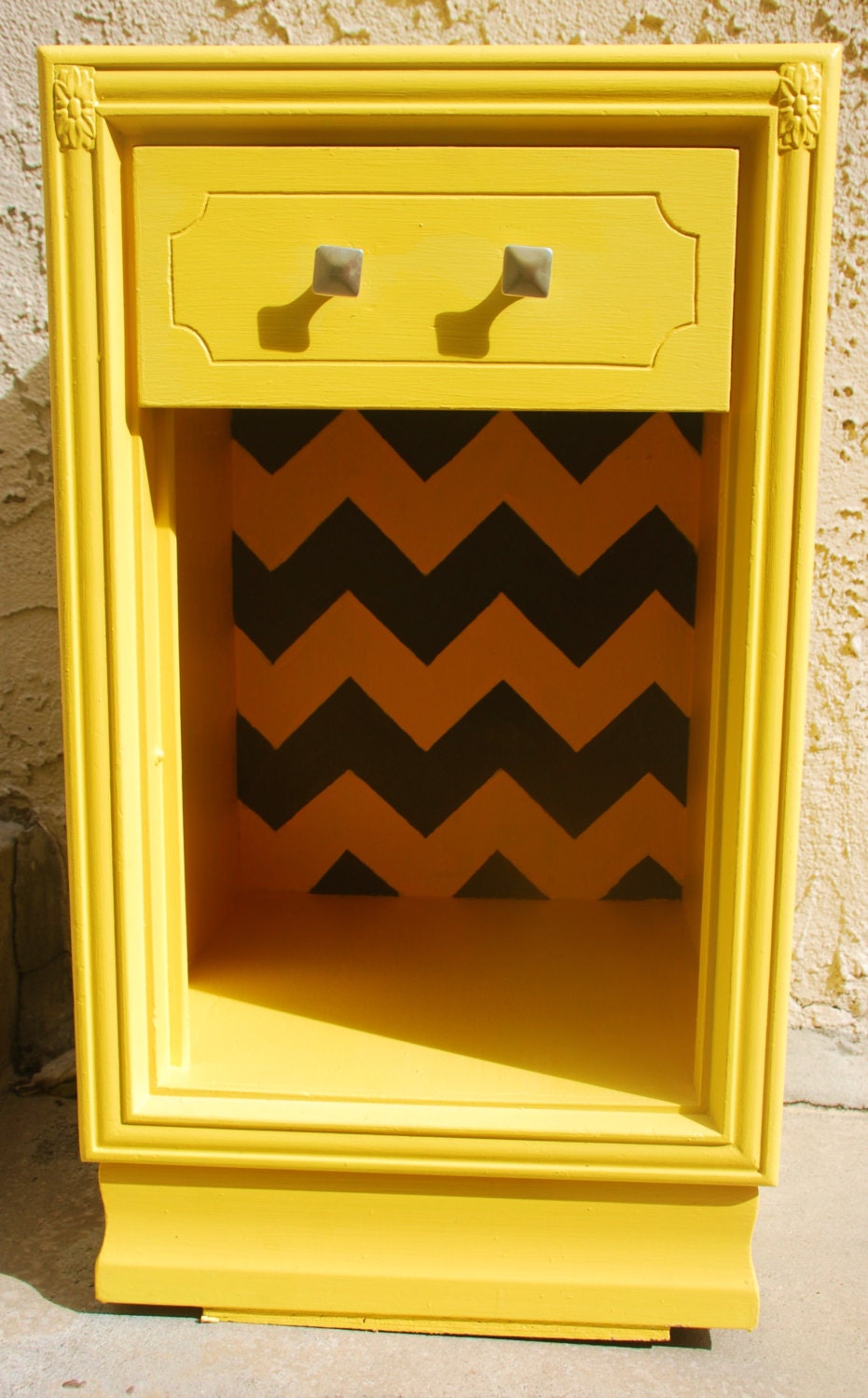 Vintage Up-cycled Yellow and Grey Chevron Striped Mid-Century Nightstand/Side Table
