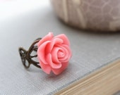 Pink Rose Ring, Flower Cocktail Ring, Antique Brass, Hot Pink Coral, Adjustable Filigree Ring, Statement, Spring, Romantic Floral Jewellery