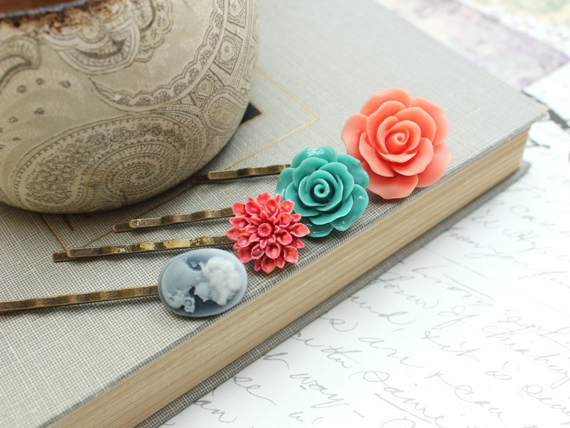 Flower Bobby Pins, Coral Rose, Turquoise Teal Blue Coral Red Dahlia, Hair Slides Clips, Lady Cameo, Summer Accessories Set of Four (4)