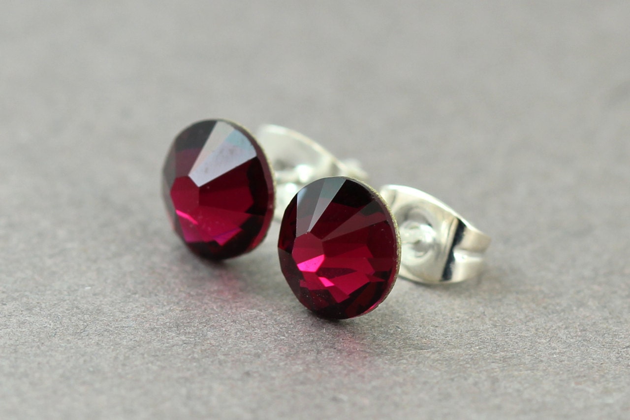 Swarovski Stud Earrings : July Birthstone Ruby Swarovski Crystal Stud Earrings, Sterling Silver Plated Earring Posts, Red