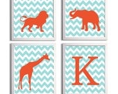 Personalized Kids Room Nursery Art Chevron Boy Girl Orange Blue Safari Animals set of 4 each 8x10