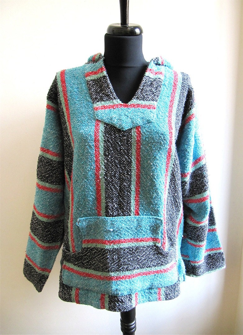 Blue Red Striped Baja Hoodie Sweater by worldvintagefashion