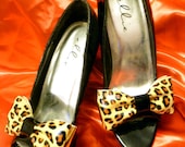 Pleather Gold & Leopard Print Shoe Clip On Double Bow Ties