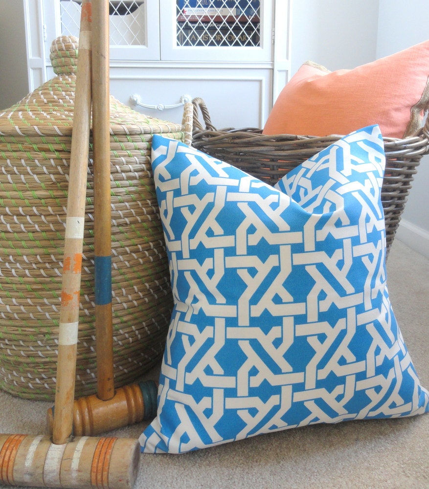 Outdoor Blue Geometric Pillow Cover - 18 x 18 - Indoor Outdoor Haldor Pool Blue Pillow