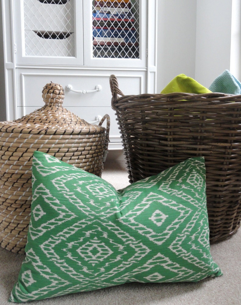 Green an White Ikat Pillow Cover - Designer Decorative Pillow - Lumbar - Throw Pillow