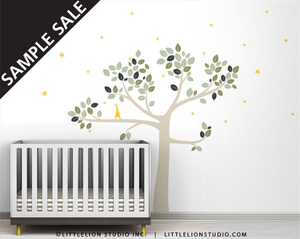 Wall Decal Sample Sale - Follow The Little Rabbit Tree - Light Beige, Light Green, Olive Green, Charcoal, Yellow