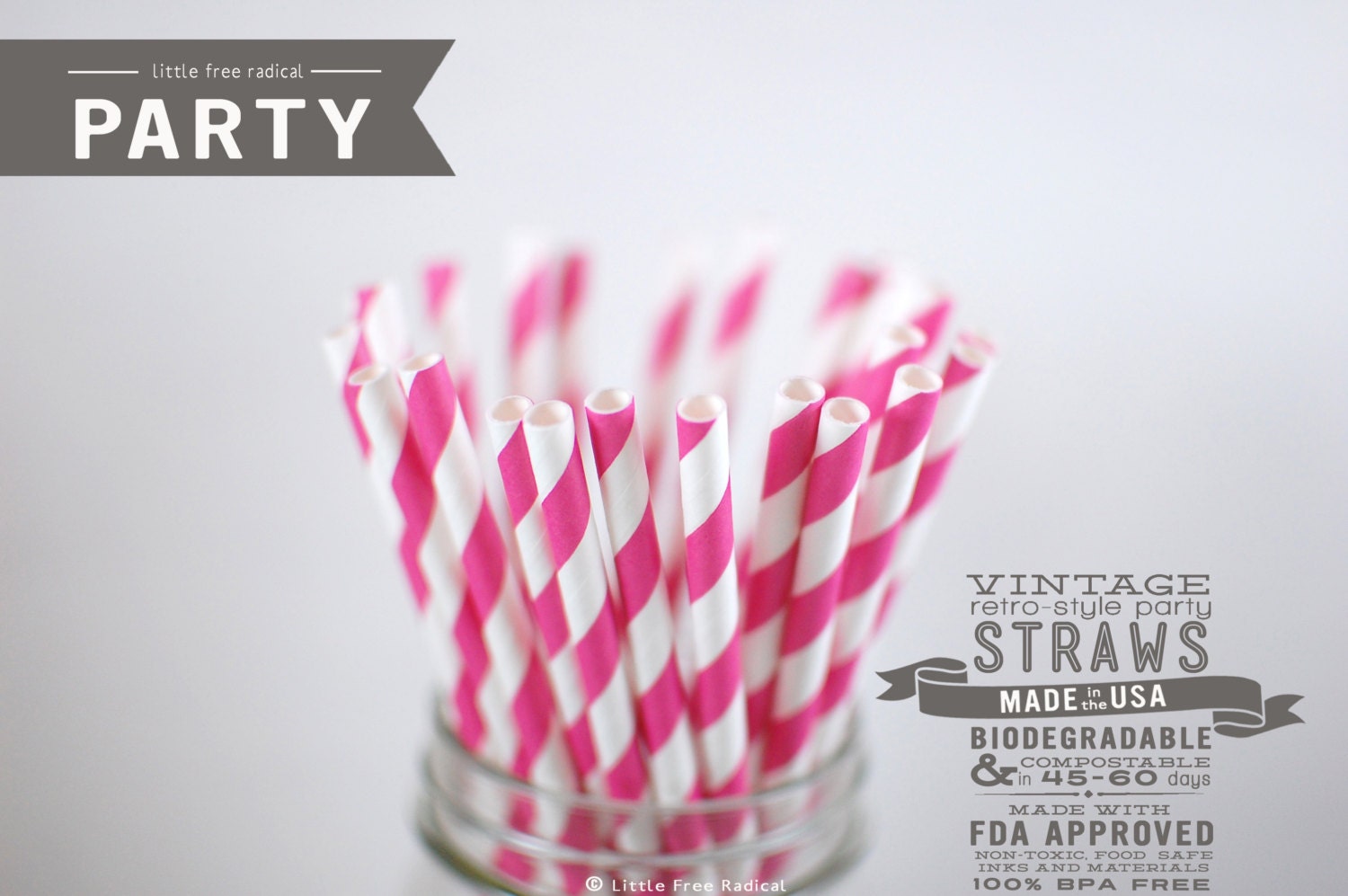 25 Hot Pink Striped Biodegradable Paper Straws  & Digital Flags - Party - Birthday - Baby Shower - Wedding