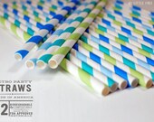 Under the Sea Blues and Greens Paper Stripey Straws  12pk & Digital Flags - Party - Birthday - Baby Shower - Wedding
