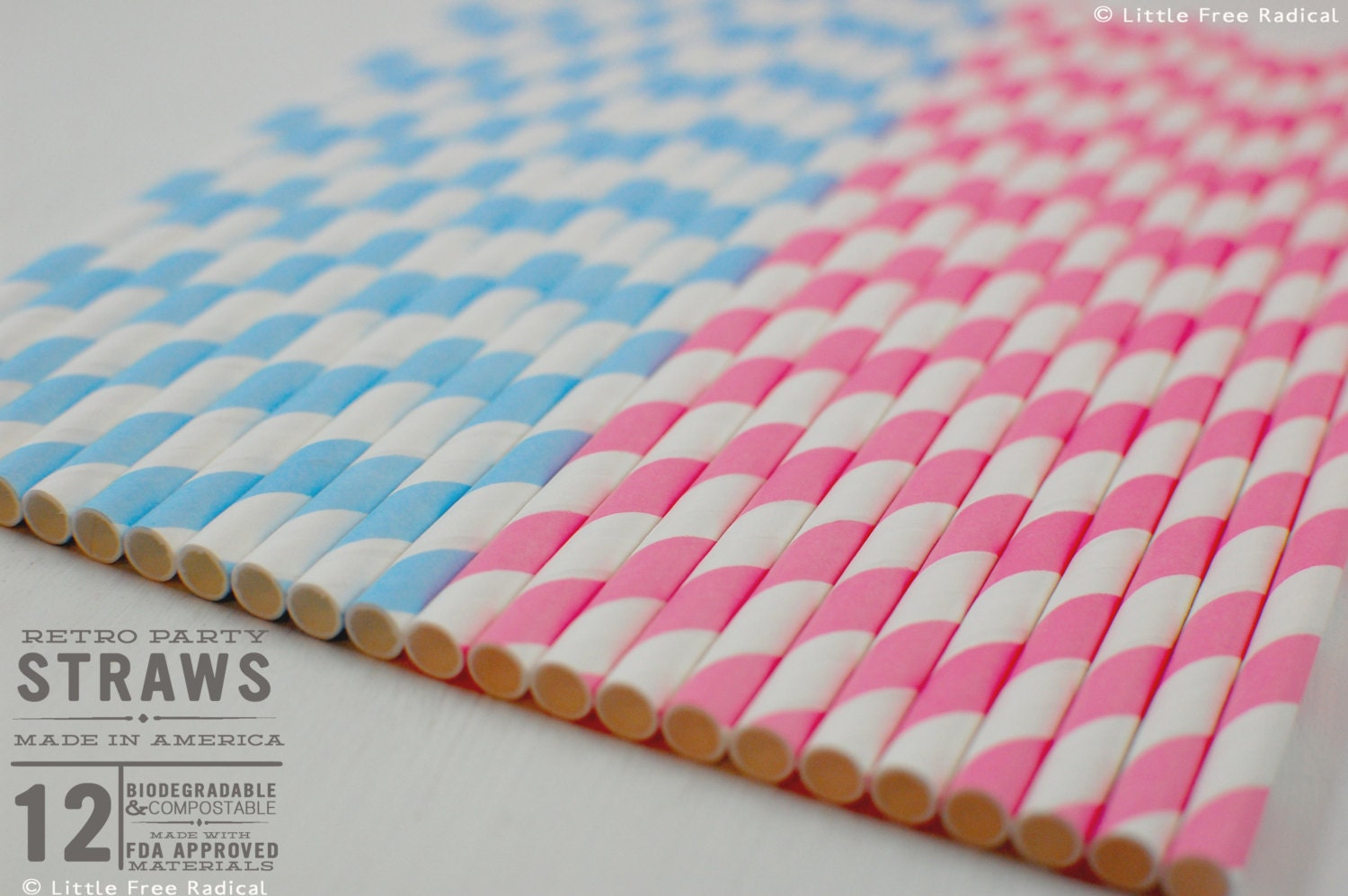 Blue and Pink Paper Stripey Straws  12pk & Digital Flags - Party - Birthday - Baby Shower - Wedding - Gender Reveal