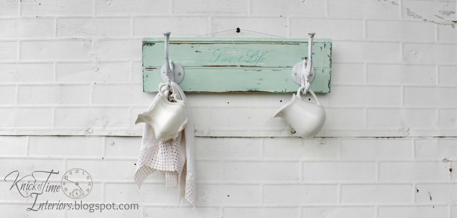 Wooden Coat Rack - SWEET LIFE - Coat Hook, Jewelry or Key Wall Hook - Created from Antique Salvaged Wood - Mint Green