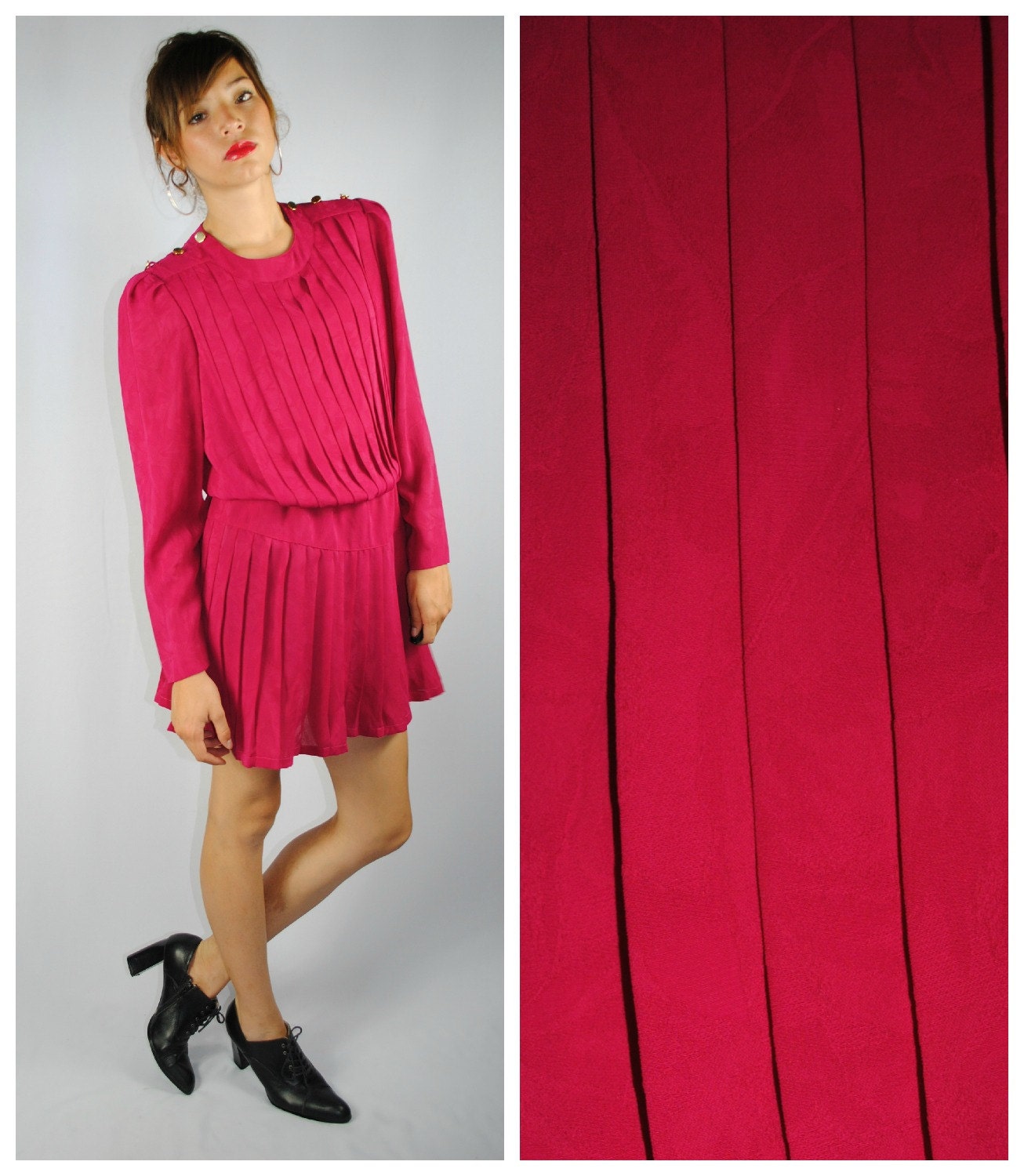 Vintage 80s FUCHSIA PLEATED Mini Dress. (M)
