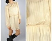 Vintage Beige SHEER Stripy RUFFLE Neck Dress. (M)