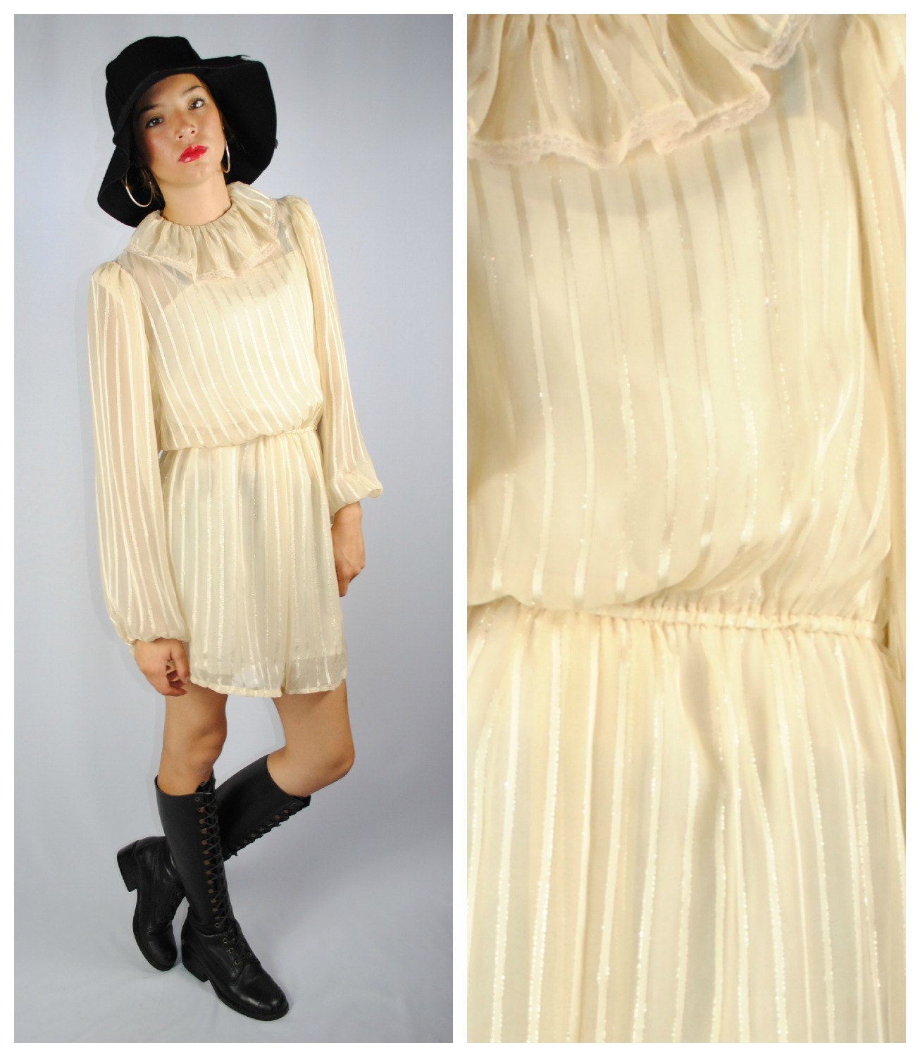 Vintage Beige SHEER Stripy RUFFLE Neck Dress. (M)