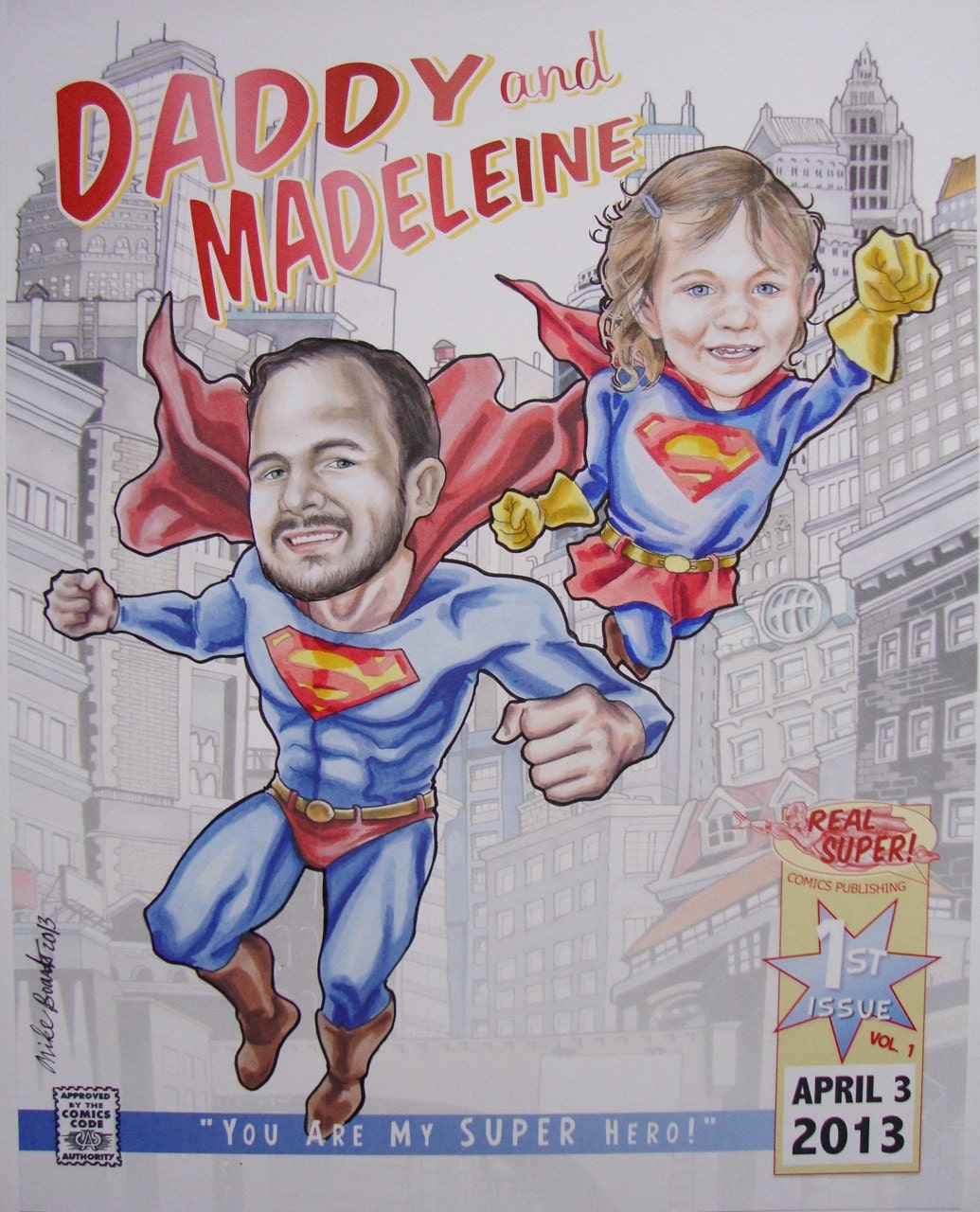 Super Dad Father and Child Custom Portrait comic book cover Fathers Day