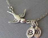 Personalized Mothers Day Necklace, Silver Bird Necklace, Bird Pendant in Silver with TWO initials, silver bird choker