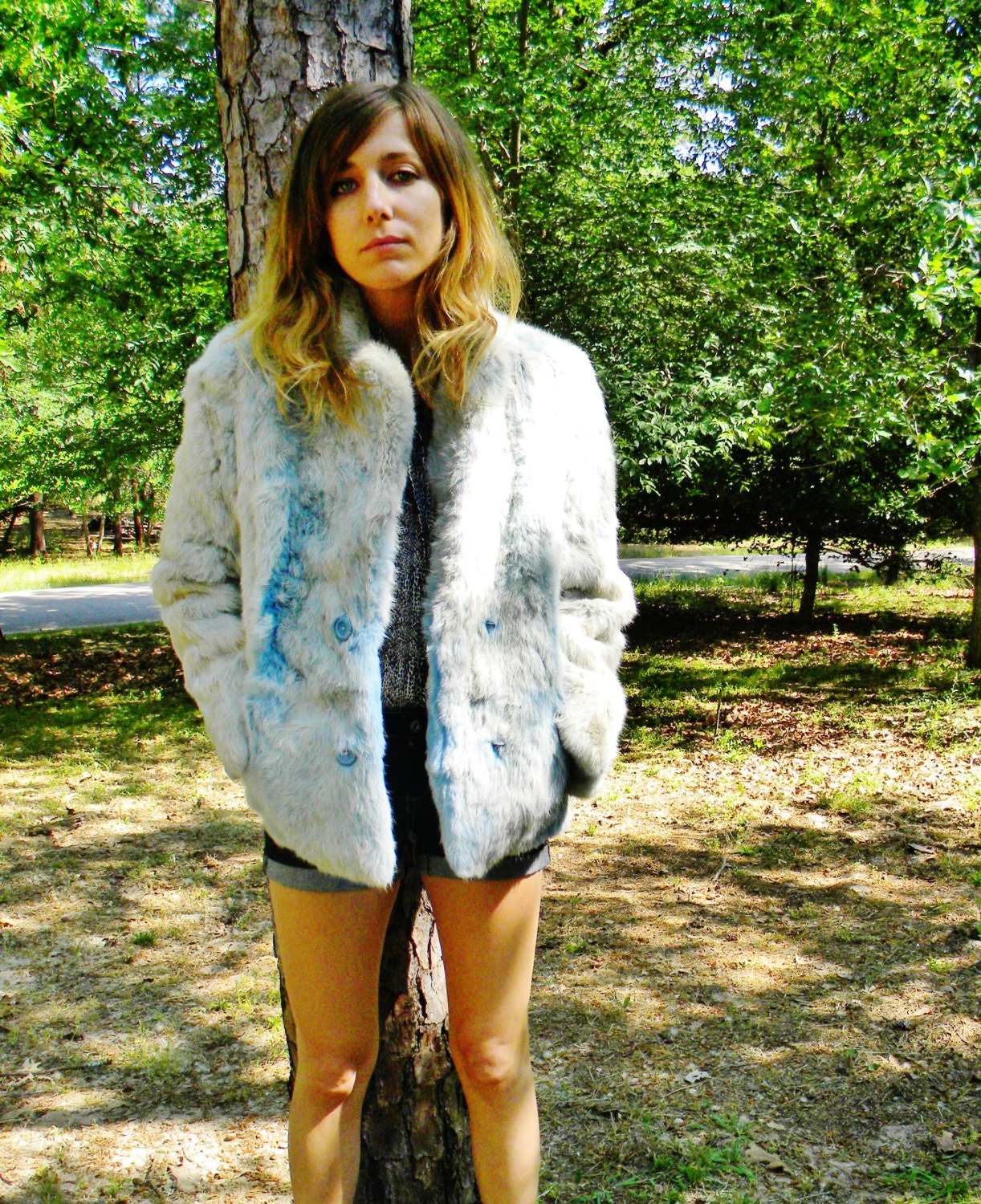 ACID wash Blue tint rabbit fur coat. PUNK 90s 80s cool. hipster boho jacket. fur coat. winter coat.
