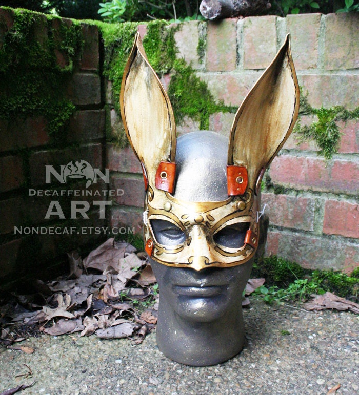 Steampunk Splicer Bunny - Handmade Leather Mask - in rust / gold