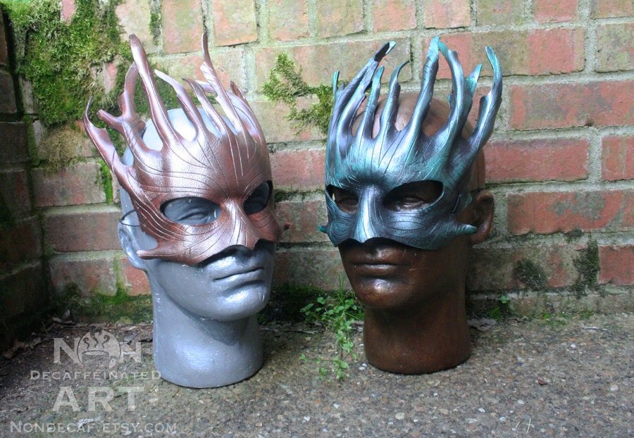 Green Dryad - one of a kind Handmade Leather Mask - Metallic green and Black