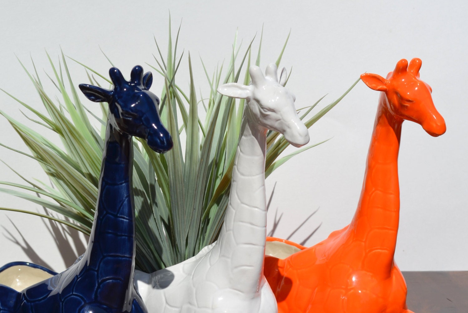 Vintage Ceramic Giraffe Planter, Orange, Navy Blue and White