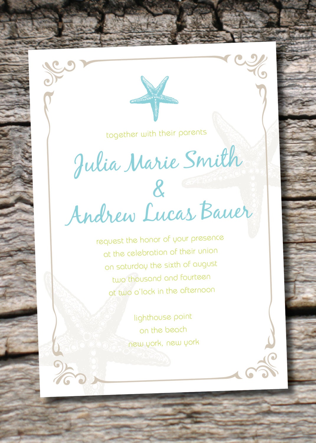 VINTAGE STARFISH Wedding Invitation/Response Card - 100 Professionally Printed Invitations & Response Cards