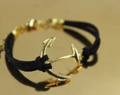 Sun Kissed Gold Anchor Black Suede Adjustable Nautical Bracelet Handmade By: Tranquilityy