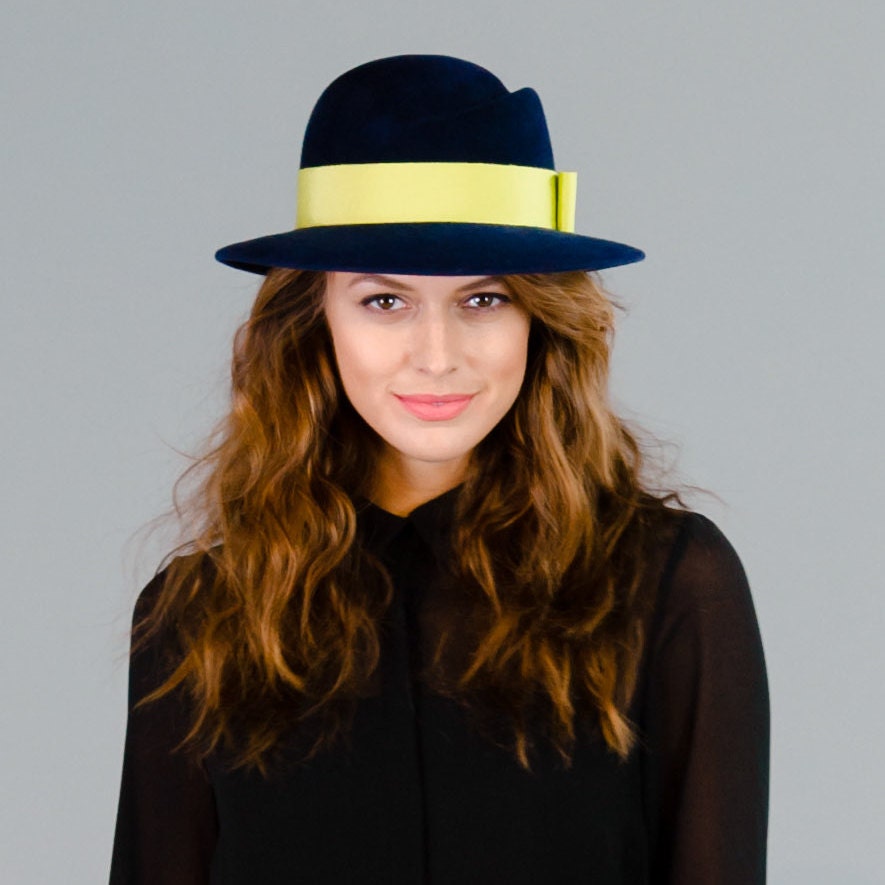 Fall Winter Navy Sculpted Crown Fedora Hat