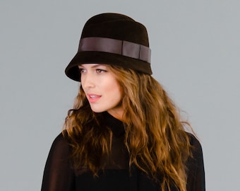 Fall Winter Sculptured Asymmetric Chocolate Brown Cloche Hat