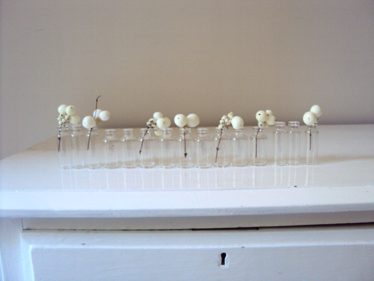 Fifteen upcycled tiny mini milk bottles.Great for weddings / vases / industrial decor