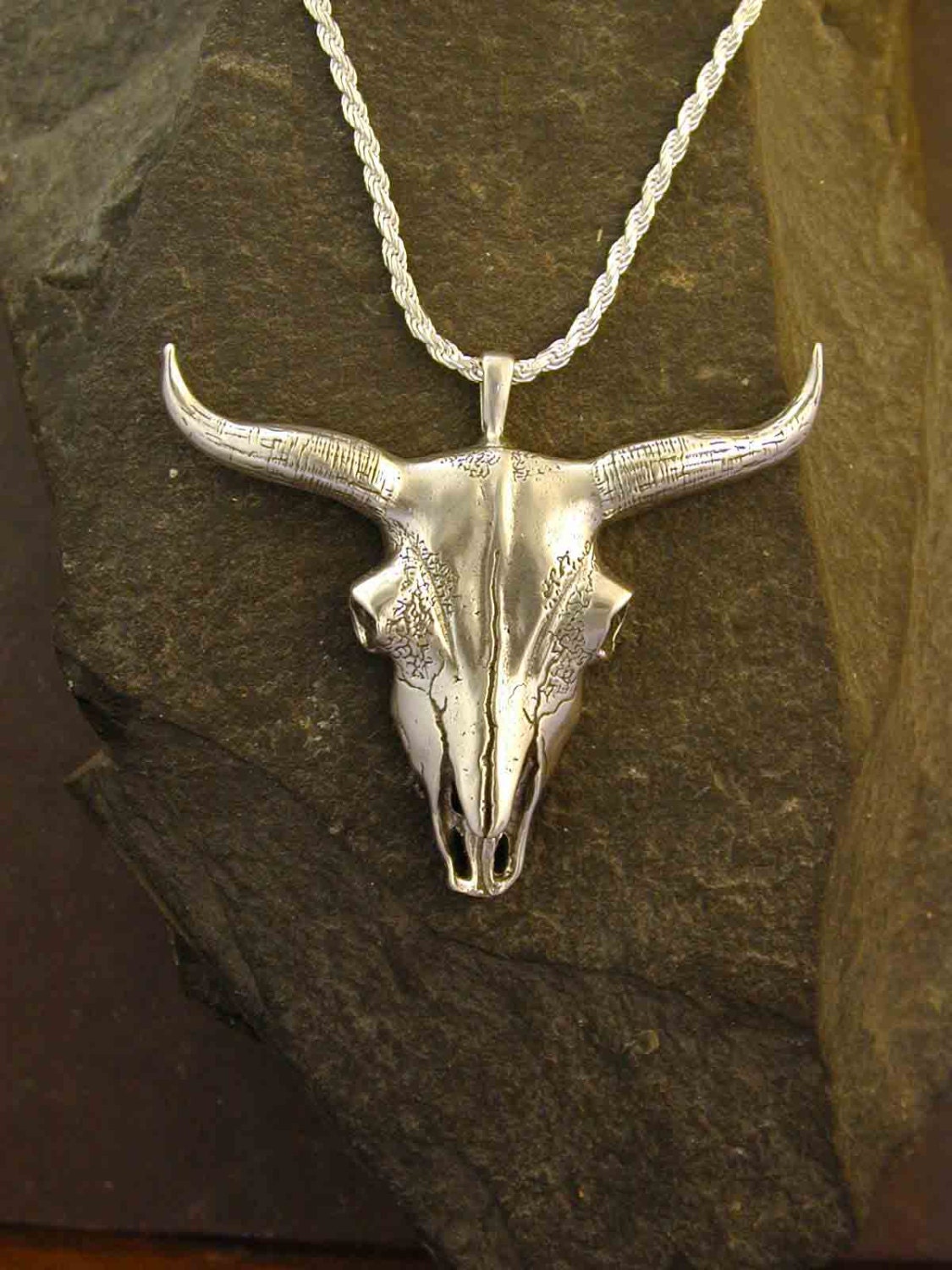 Sterling Silver Large Cow Steer Skull Pendant on a Sterling Silver Chain