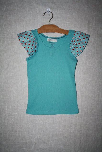 Girls blue Tank Top with Blue and Red Polka Dotted Sleeves - Size 6-7 yrs